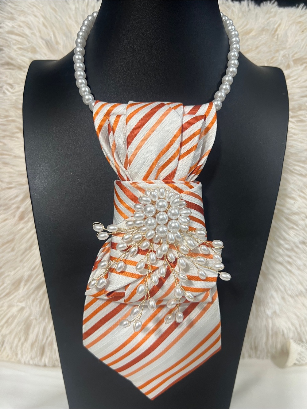 Pearl Necklace with Orange and White Striped Silk Tie Pendant